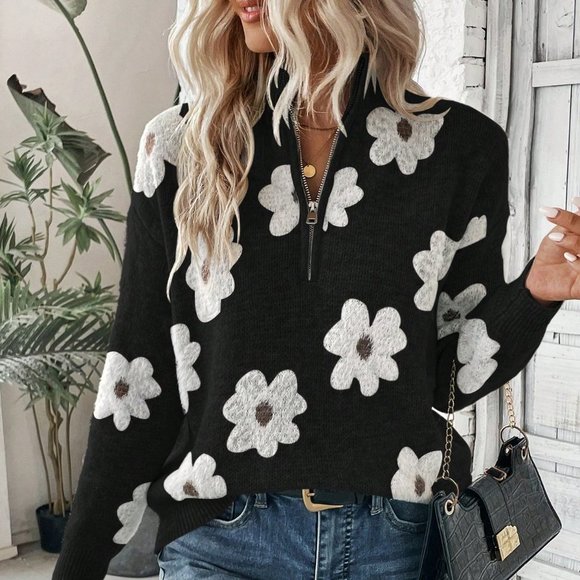 . Sweaters - Black Casual Womens Floral Pattern Drop Shoulder Half Zip Drop Shoulder S…